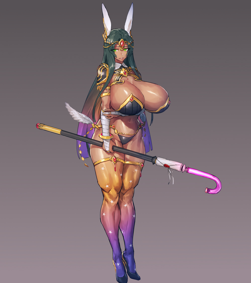 breasts, bunny ears, bunny girl, bunnysuit, cane, dark hair, dark skin, dark-skinned female, fate (series), fate/grand order, female, green eyes, huge breasts, large breasts, melon22, muscular, muscular thighs, scheherazade (fate), thick thighs
