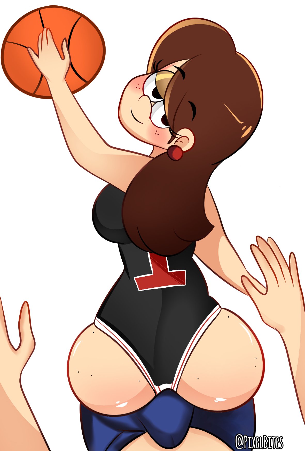 1boy, 1girls, aged up, ass, assjob, basketball, big ass, big breasts, breasts, buttjob, erection, erection under clothes, female, fresh lynn, hot dogging, human, human only, looking at viewer, looking back, lynn loud, male, nickelodeon, penis, pixelbites, smiling at viewer, straight, the loud house