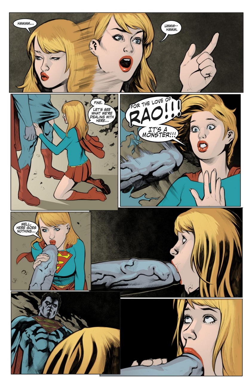 big penis, bizarro, black hair, blonde hair, dc, dc comics, fellatio, female, fully clothed, hand on penis, kara danvers, kara zor-el, looking at another, male, on knees, oral, penis, purple skin, red lipstick, ripped clothing, shade jones, supergirl, superman (series)