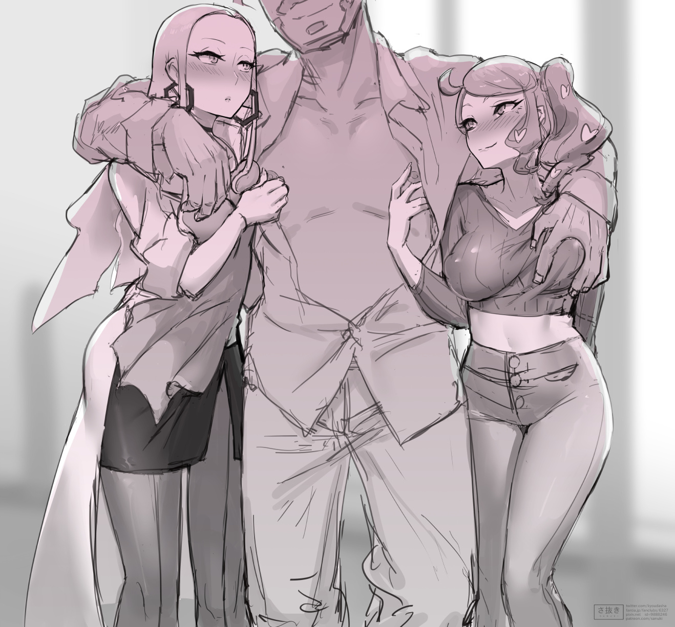 1boy, 2girls, big breasts, blush, breast grab, breasts, chairman rose, earrings, female, greyscale, groping, jeans, labcoat, long hair, male, monochrome, netorare, nintendo, oleana (pokemon), pantyhose, pimp, pokemon, pokemon ss, ponytail, sanuki (kyoudashya), side ponytail, size difference, skirt, sonia (pokemon), sweater