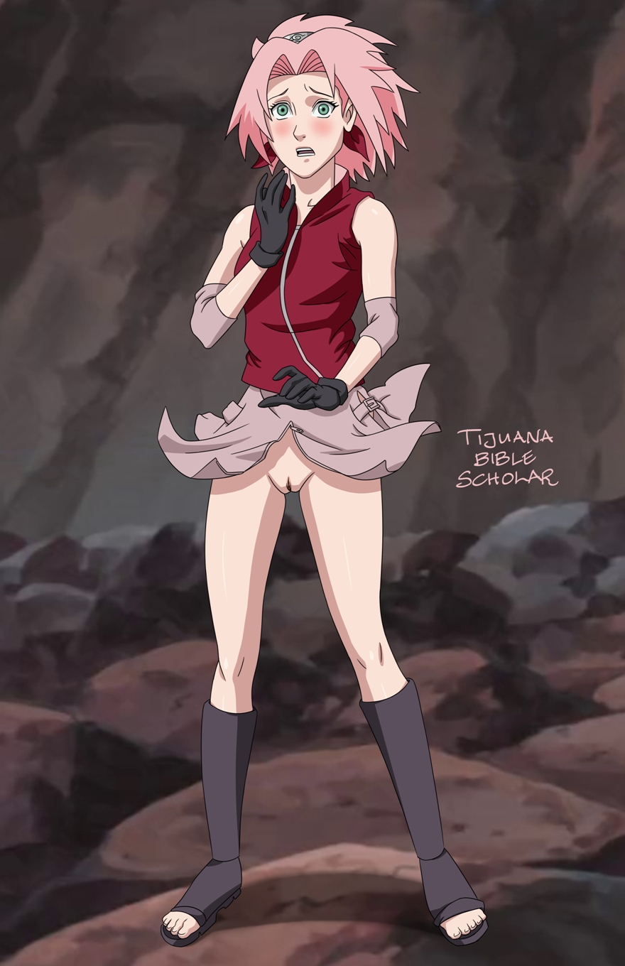 1girls, accidental exposure, blush, boots, bottomless, clothing, elbow pads, embarrassed, embarrassed nude female, enf, feet, female, female only, gloves, green eyes, looking at viewer, naruto, naruto (series), naruto shippuden, no panties, open toe shoes, outdoors, pink hair, pussy, sakura haruno, shirt, sleeveless, solo, tijuanabiblescholar, toes, wind