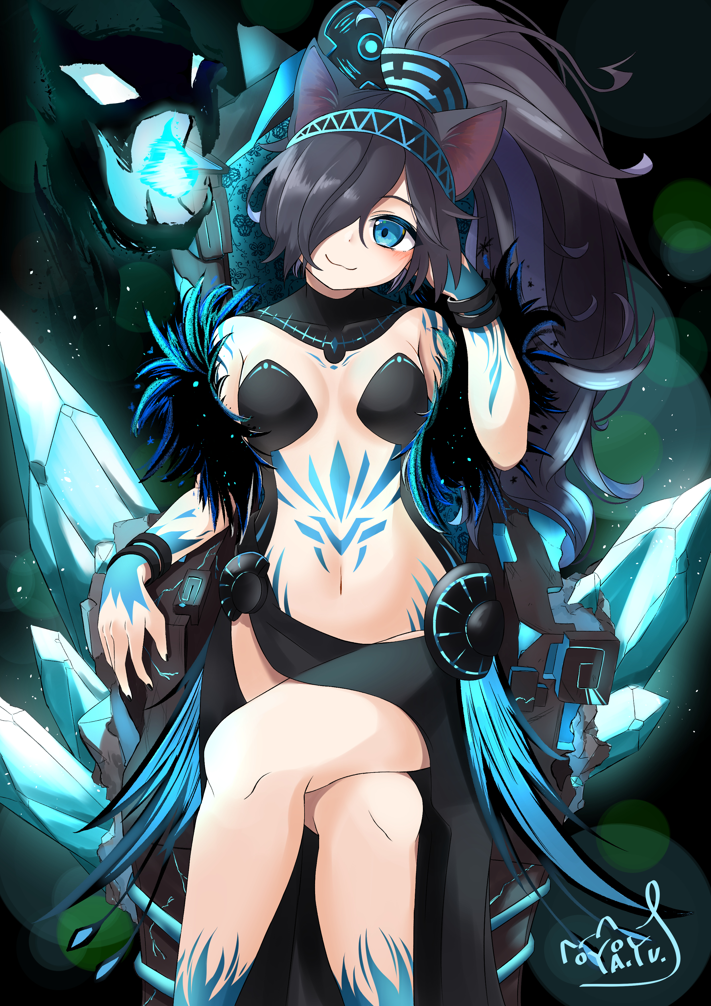 1girls, 2020, belly button, blue eyes, blush, body tattoo, breasts, cat ears, female, hi res, highres, kasli the bane, long hair, midriff, revealing clothes, sitting, solo, solo female, tattoo, the battle cats, video games, yayu
