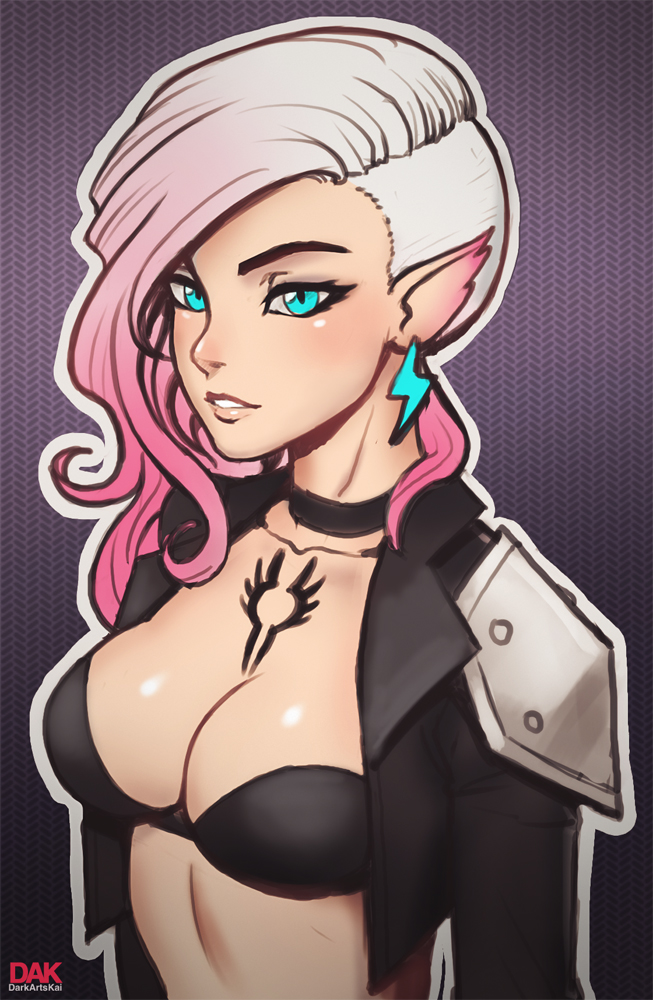 1girls, ax (bnf), blue eyes, bra, breasts, bunny and fox world, choker, clothed, clothing, collar, darkartskai, female, looking at viewer, medium breasts, multicolored hair, pink hair, pointy ears, solo, tagme, tattoo, undercut, white hair