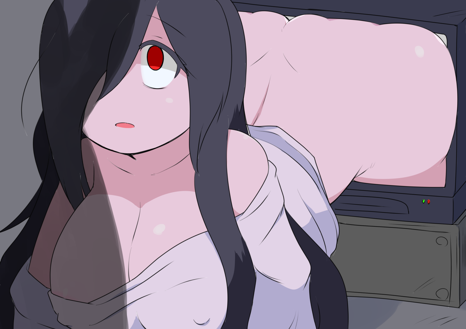 ass, big ass, big butt, black hair, bottom heavy, breasts, female, female only, ghost, huge ass, huge butt, large breasts, nipples visible through clothing, no panties, nopan, one eye covered, red eyes, stuck, stuck in object, tagme, television, the ring, thick ass, tv, voluptuous, yamamura sadako
