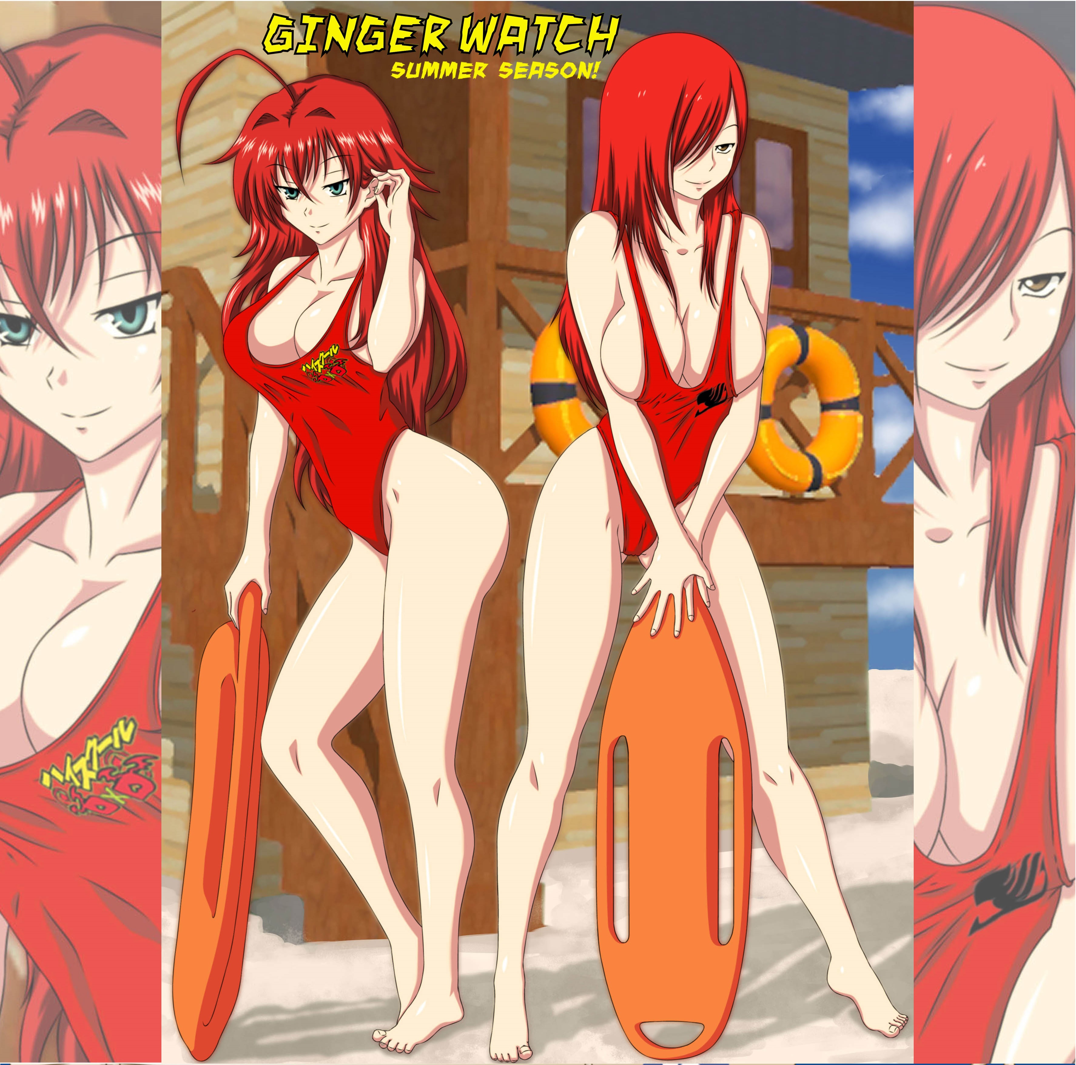 2girls, baywatch (cosplay), baywatch (franchise), beach, big breasts, bleedor, breasts, commission, crossover, erza scarlet, fairy tail, female, female only, high school dxd, lifeguard, public, red hair, red-haired female, rescue buoy, rias gremory, swimsuit