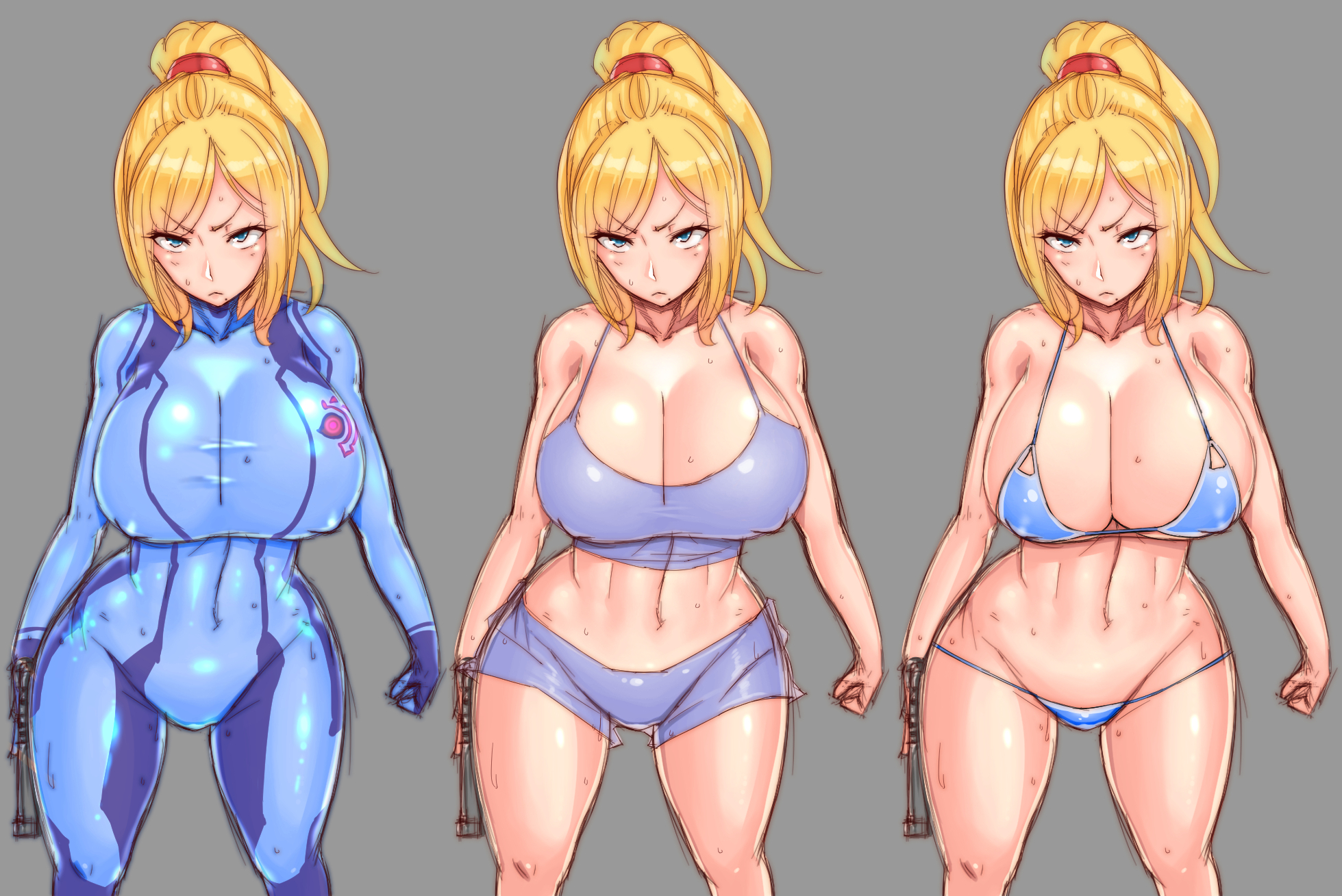 1girls, alternate costume, bikini, blonde hair, blue eyes, bodysuit, breasts, cleavage, female, high resolution, huge breasts, looking at viewer, metroid, nintendo, ponytail, samus aran, short shorts, shorts, simple background, weapon, wide hips, wolffeld price, zero suit, zero suit samus