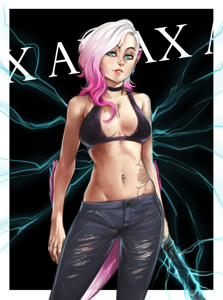 1girls, ax (bnf), blue eyes, bra, breasts, bunny and fox world, choker, clothed, clothing, collar, d-rex, female, looking at viewer, medium breasts, multicolored hair, pink hair, solo, streetwear, tagme, torn legwear, undercut, white hair