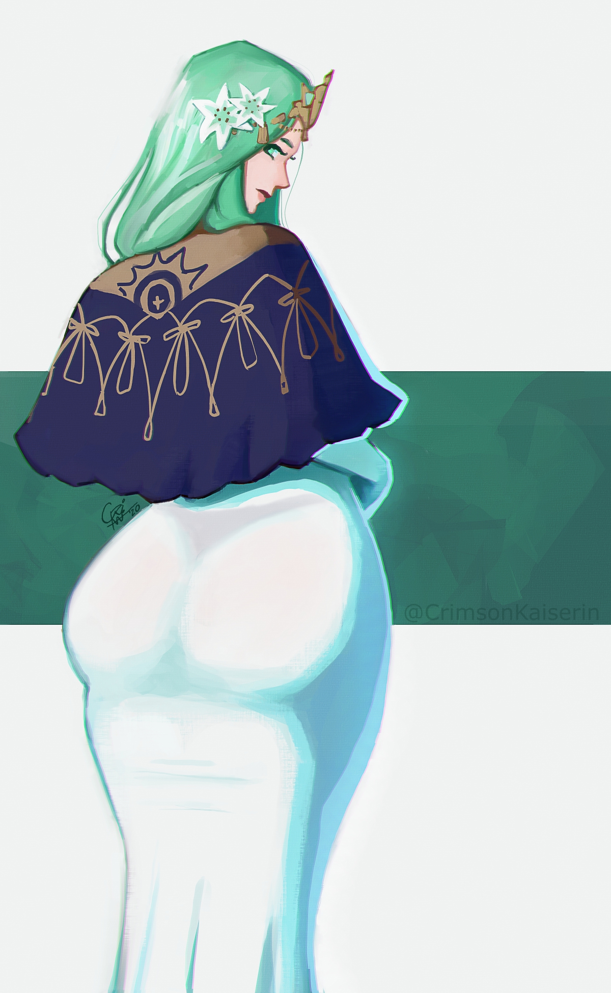 1girls, ass, ass in dress, back view, crimson kaiserin, female, fire emblem, fire emblem: three houses, green eyes, green hair, large ass, long hair, looking at viewer, looking back, nintendo, rhea (fire emblem), smile, solo, thick thighs, tight dress, translucent, wide hips