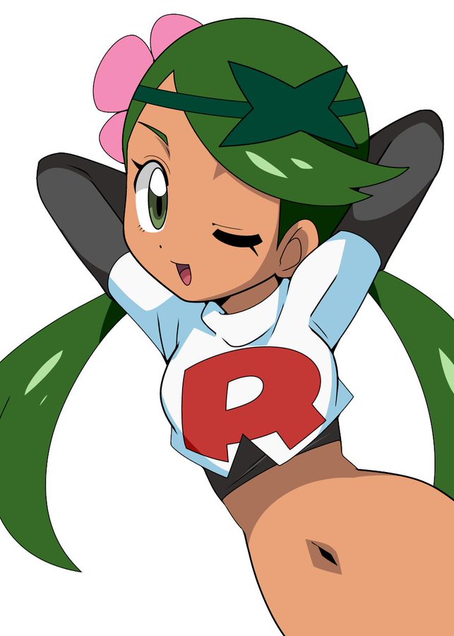 1girls bangs belly black_sleeves dark-skinned_female enemy_conversion female female_only flower_in_hair green_eyes green_hair hainchu mallow_(pokemon) midriff navel one_eye_closed pokemon pokemon_sm solo stomach team_rocket team_rocket_(cosplay) team_rocket_uniform trial_captain tummy twintails wink winking winking_at_viewer