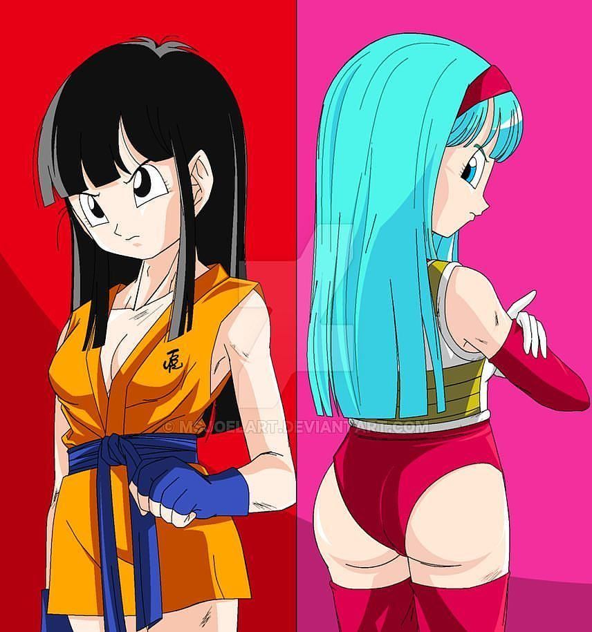 2girls angry arm_sleeves armor ass battle_armor black_eyes black_hair blue_eyes blue_hair bra_(dragon_ball) bra_briefs breasts bubble_butt cleavage cowboy_shot crossed_arms dougi dragon_ball dragon_ball_gt female female_only gi hairband legs_together msjoelart multiple_girls pan_(dragon_ball) panties rivals saiyan_armor stockings thighhighs tight_clothing turtle_school_uniform