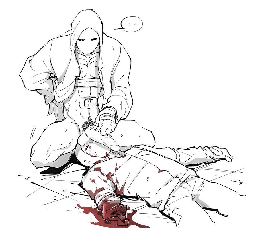 2boys, bandage, blood, dead body, death, gay, gay male, hand on back, hand on penis, looking down, male, male death, male only, monochrome, mskah, penis, penis on face, penis out, pubic hair, rainbow six, rainbow six siege, squatting, sweating, tom clancy, white mask (rainbow six), yaoi