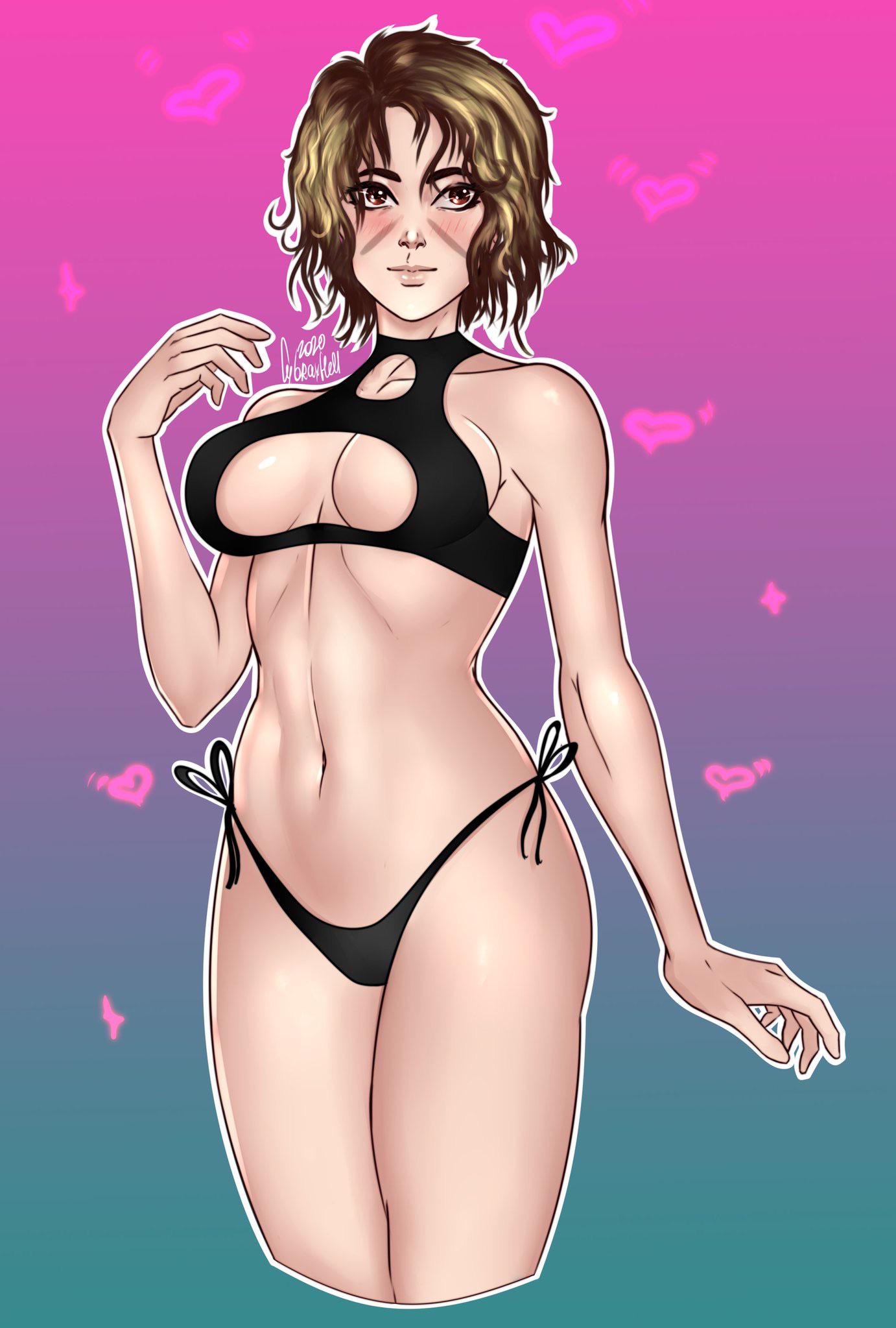 1girls, bikini, blush, brown eyes, brown hair, cybraxhell, female, female only, mira (rainbow six), pinup, rainbow six, rainbow six siege, short hair, tagme, tom clancy