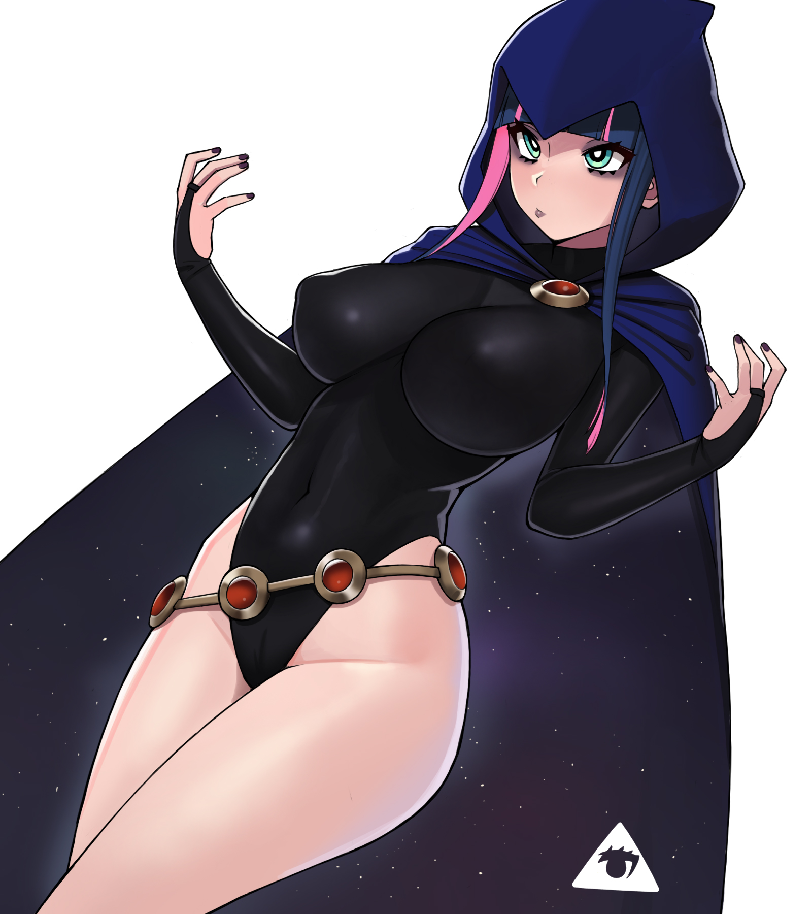 1girls, big breasts, black nails, blue hair, breasts, cosplay, crossover cosplay, dc, dc comics, donburikazoku, female, female only, large breasts, leotard, light skin, light-skinned female, long hair, pale skin, pale-skinned female, panty & stocking with garterbelt, pink hair, raven (cosplay), solo, stocking anarchy, teen titans, thick thighs, two-tone hair, white background, wide hips