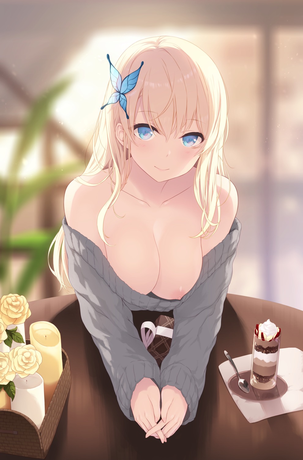 1girls accidental_exposure areola bare_shoulders blonde_hair blue_eyes blurry_background blush boku_wa_tomodachi_ga_sukunai breast_slip breasts butterfly_hair_ornament cait candles collarbone dessert exposed_breasts eyebrows_visible_through_hair female female_only hair_between_eyes hair_ornament horny interlocked_fingers long_hair looking_at_viewer nipple_slip nipples no_bra roses sena_kashiwazaki smile solo sweater sweater_pull table upper_body