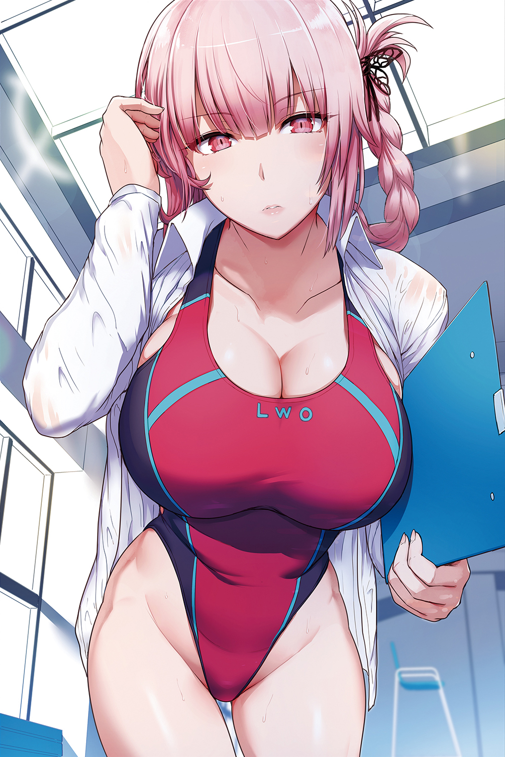 1girls, blush, braid, breasts, cleavage, collarbone, competition swimsuit, cowboy shot, dress shirt, eyebrows visible through hair, fate (series), fate/empire of dirt, fate/grand order, female, female only, florence nightingale (fate), fringe, hair tucking, highleg, highleg swimsuit, highres, holding, indoors, large breasts, leaning forward, looking at viewer, miyamoto issa, non-web source, one-piece swimsuit, open clothes, open shirt, parted lips, pink eyes, pink hair, pool, shirt, short hair, solo, sweat, swimsuit, tied hair, twin braids, wet, white shirt, wing collar
