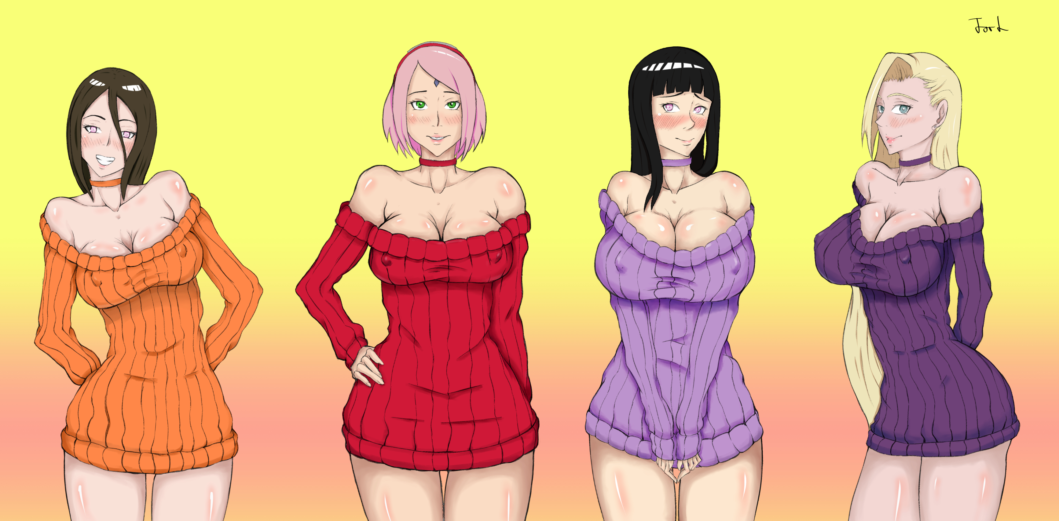 4girls, bare shoulders, big breasts, black hair, blonde hair, blue eyes, blush, boruto: naruto next generations, breasts, brown hair, choker, cleavage, erect nipples, erect nipples under clothes, facial mark, female, female only, forehead mark, green eyes, hair over one eye, hairband, haruno sakura, hyuuga hanabi, hyuuga hinata, hyuuga hinata (naruto: the last), ino yamanaka, jorl, long hair, looking at viewer, multiple females, multiple girls, naruto, naruto (series), naruto: the last, nipples, off shoulder, pink hair, sakura haruno, smile, sweater, uchiha sakura, uzumaki hinata, violet eyes, wide hips, yamanaka ino