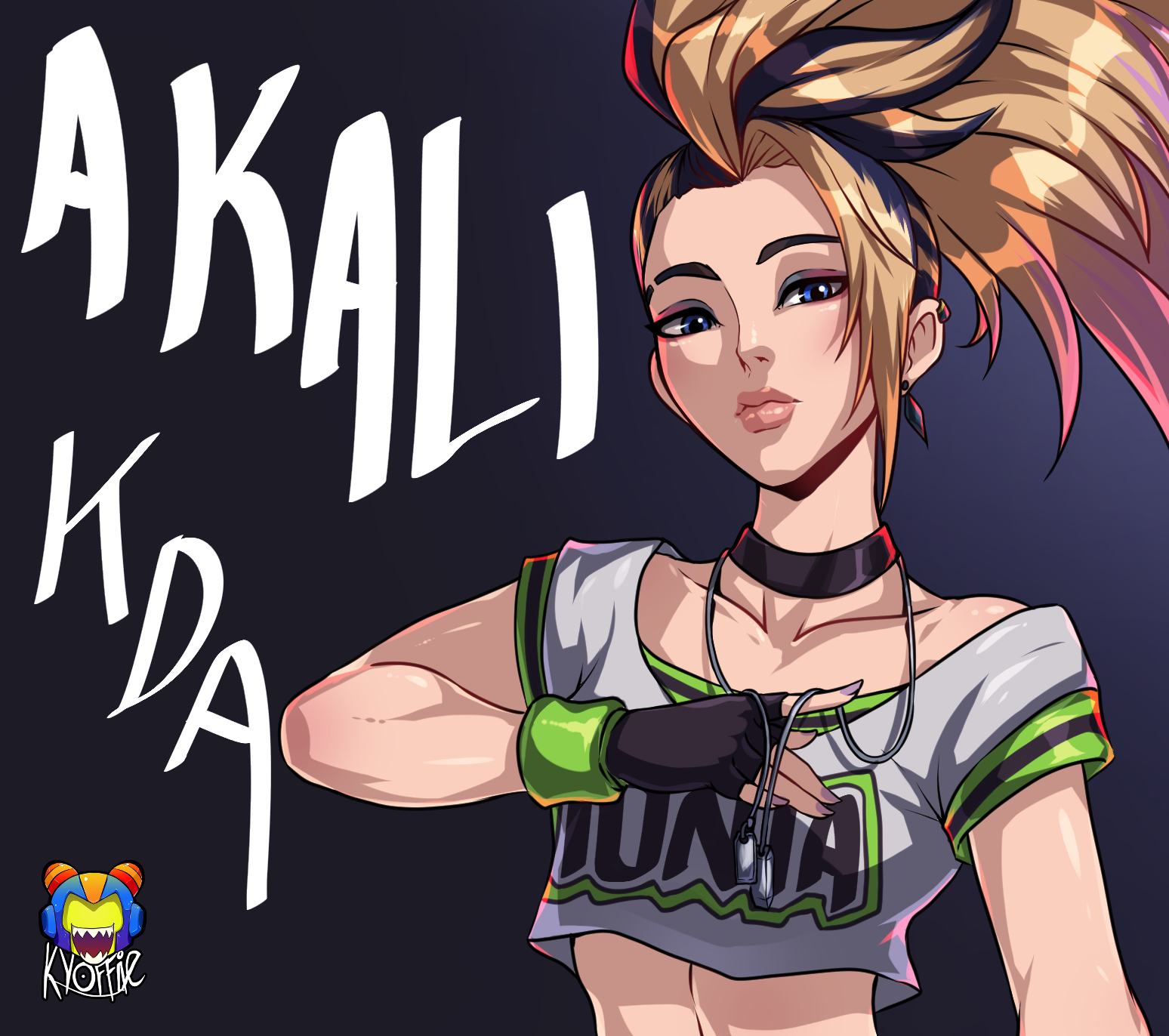 1girls, 2d, akali, akali jhomen tethi, black hair, blonde hair, blue eyes, choker, egirl, eyelashes, eyeshadow, female, k/da akali, k/da all out series, k/da series, kyoffie, league of legends, light skin, light-skinned female, looking at viewer, ponytail, riot games, safe, skinny, slim, tagme, two-tone hair