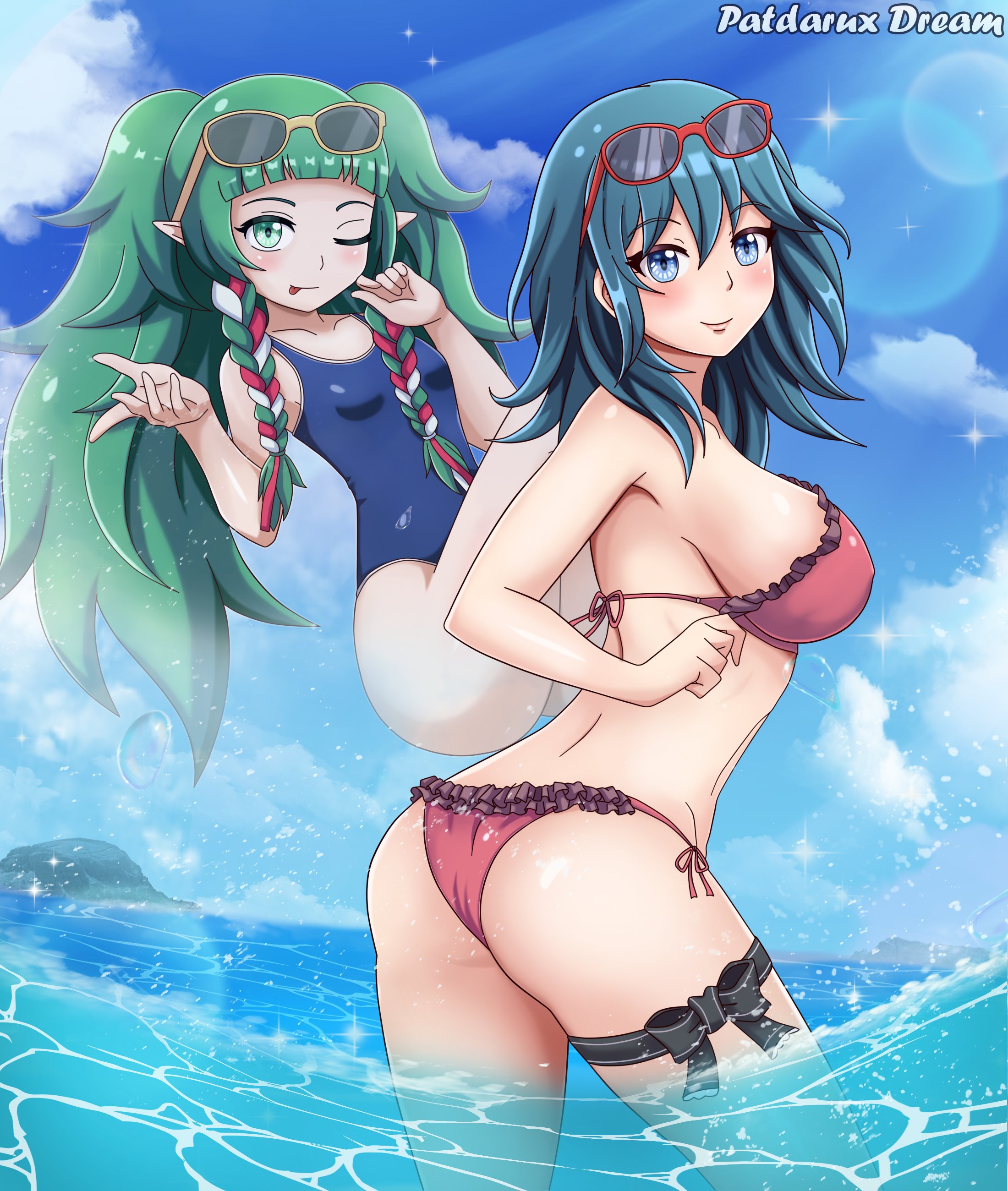 2girls, big breasts, bikini, blue eyes, breasts, byleth (fire emblem), byleth (fire emblem) (female), clothed female, female, female focus, female only, fire emblem, fire emblem: three houses, green hair, long hair, multiple females, multiple girls, nintendo, patdarux, red bikini, red swimsuit, sothis (fire emblem), sticking out tongue, swimsuit, teal hair, tongue, tongue out
