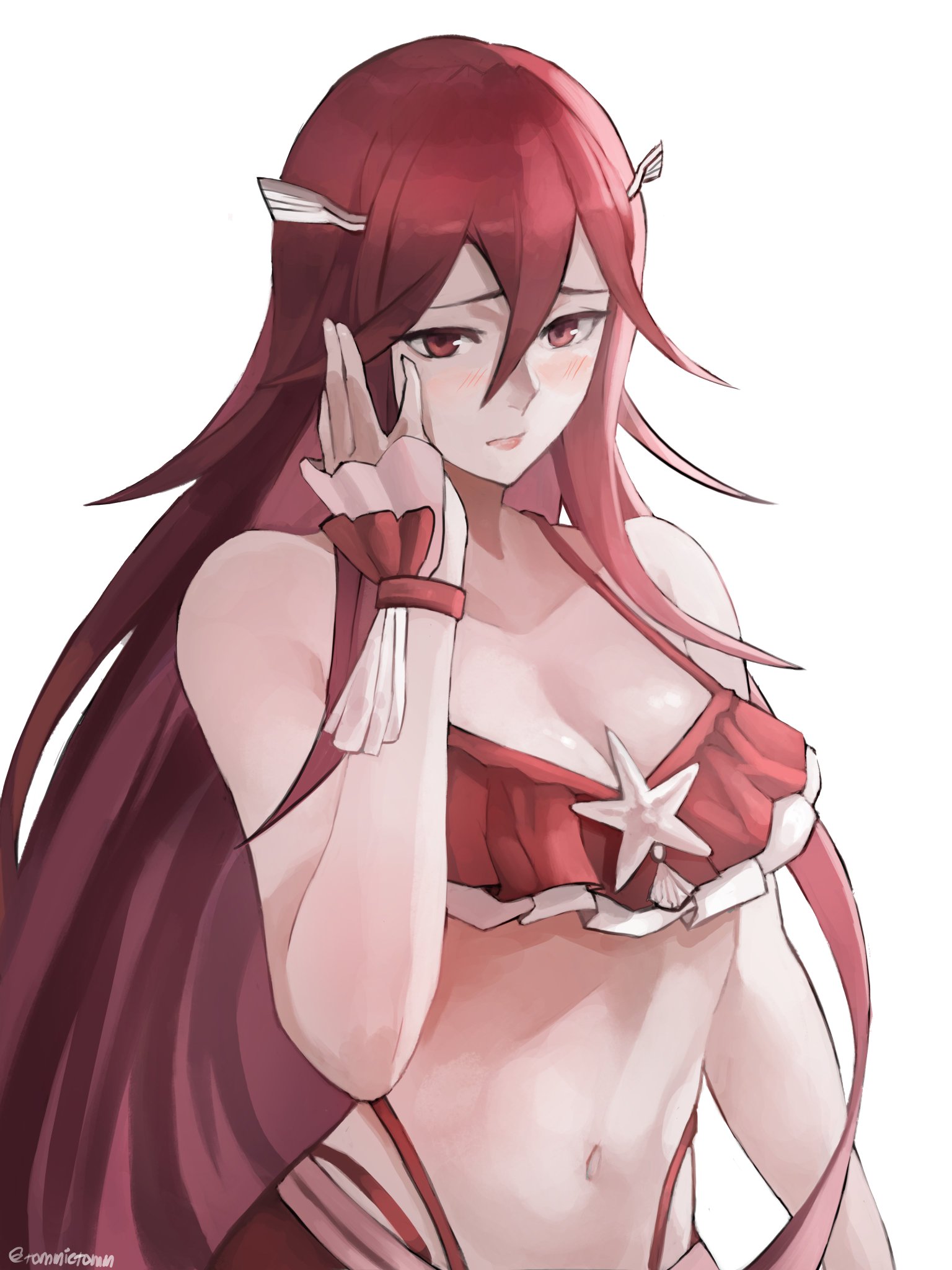 1girls, bare shoulders, bikini, blush, breasts, cleavage, cordelia (fire emblem), embarrassed, female, fire emblem, fire emblem awakening, fire emblem heroes, lips, long hair, midriff, nintendo, plain background, red bikini, red eyes, red hair, red swimsuit, simple background, small breasts, solo, solo female, swimsuit, tommy (kingdukeee), very long hair, white background