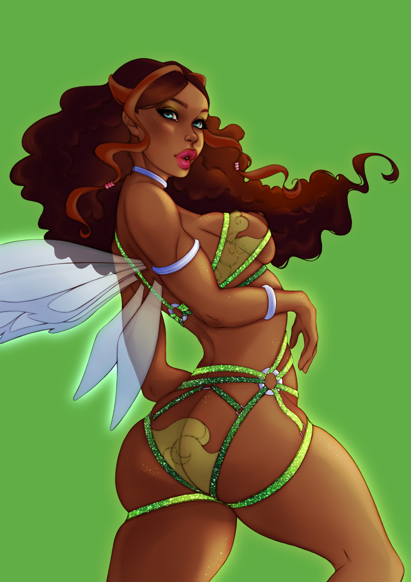 1girls aisha_(winx_club) ass back_view big_ass big_breasts big_lips blue_eyes breasts brown_hair brown_nipples bursting_breasts charmix choker color curly_hair dark-skinned_female dark_skin eyeshadow fairy fairy_wings female female_focus female_only green_background human human_only layla_(winx_club) lingerie lipstick long_hair looking_at_viewer looking_back makeup nipples pink_lips pink_lipstick pinup rainbow_(animation_studio) see-through see-through_clothing sh1sha sideboob simple_background skimpy solo solo_female solo_focus standing thick_thighs wings winx_club