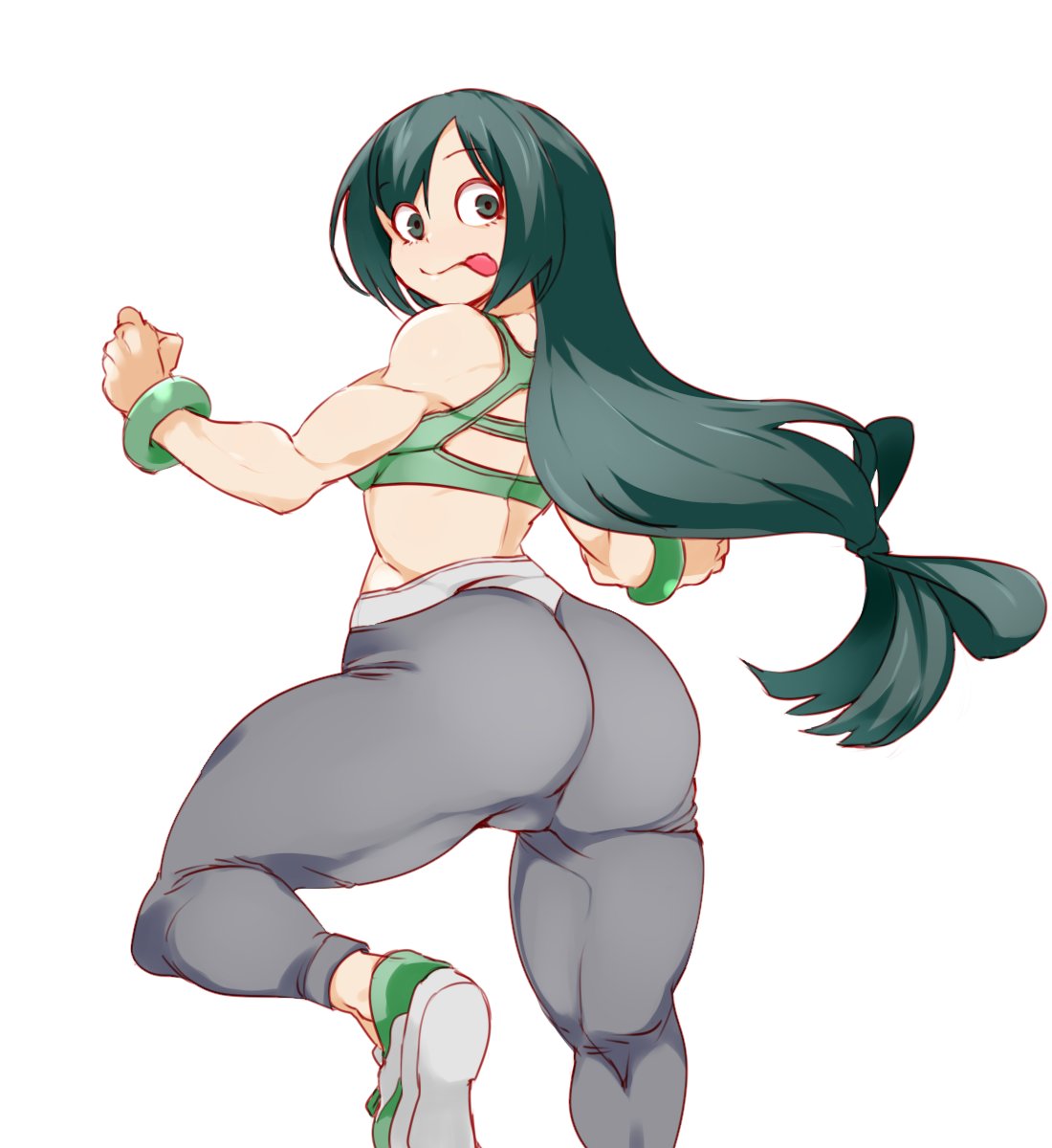 :p, 1girls, ass, big ass, female, green eyes, green hair, hanzo (0721kin29n), light skin, light-skinned female, long hair, my hero academia, pale skin, pale-skinned female, thick thighs, thighs, tsuyu asui, white background, yoga pants