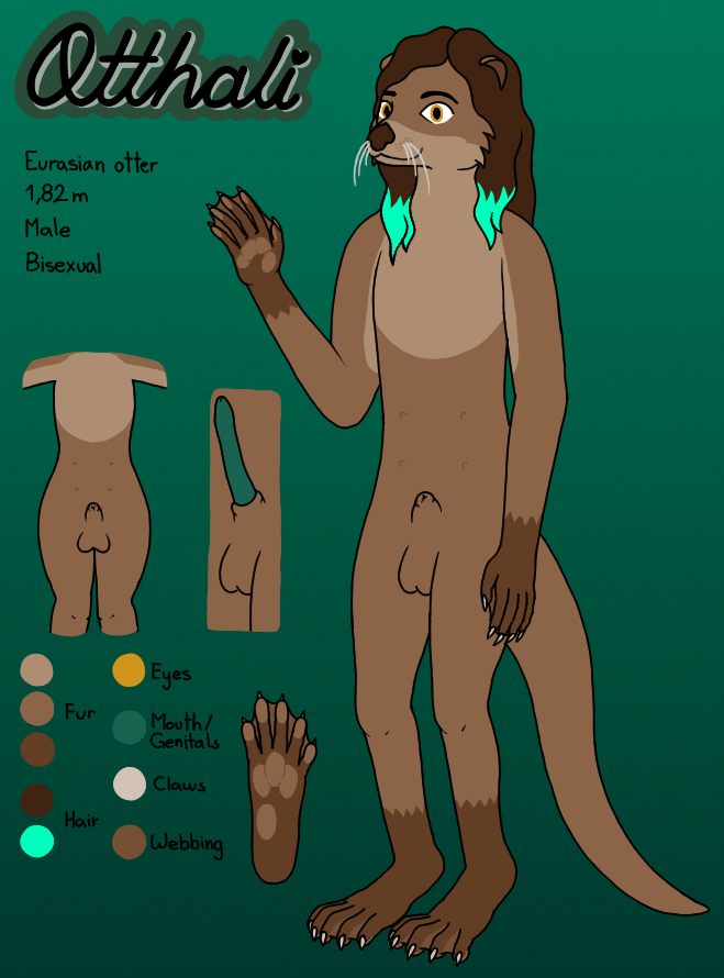 1boy 2020 4_nipples amber_eyes anthro balls brown_hair brown_nose genitals green_penis hair highlights_(coloring) kola lutrine male male_only mammal membrane_(anatomy) model_sheet multi_nipple mustelid nipples otthali penis solo webbed_feet webbed_hands whiskers