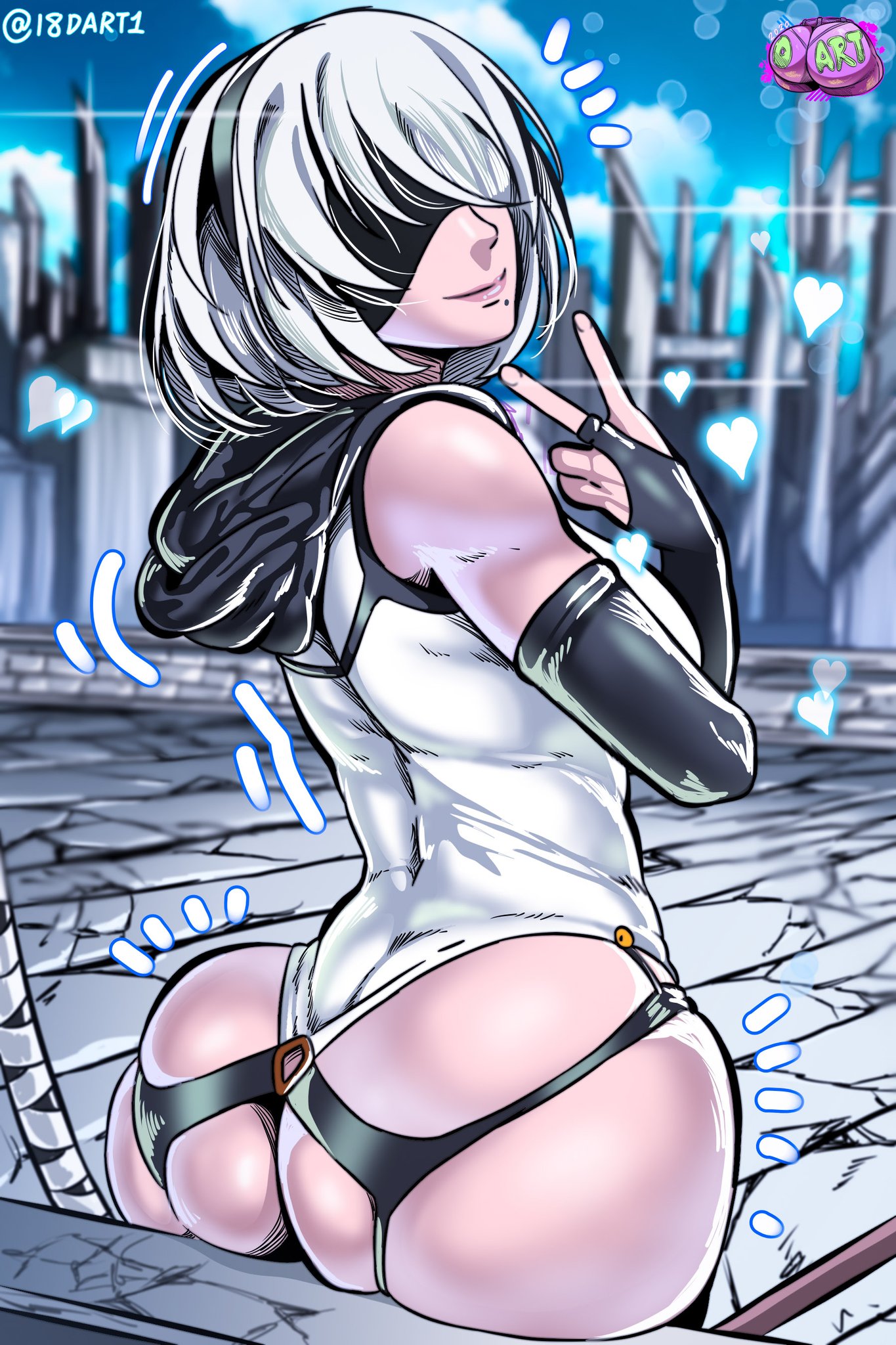 1girls, ass, ass focus, ass support, big ass, d-art, favorite, female, female only, huge ass, nier, nier: automata, solo, white hair, yorha 2b