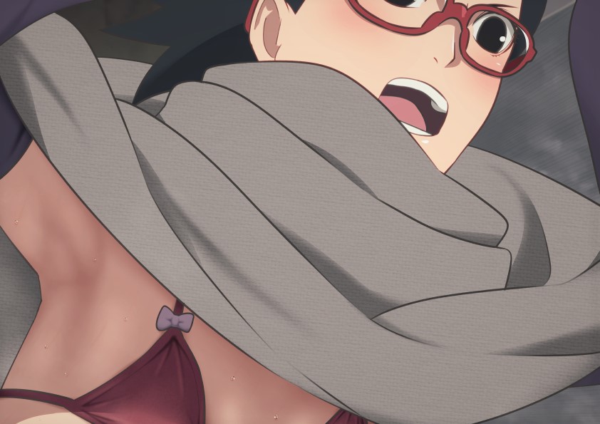1girls, bikini, bikini top, black eyes, black hair, blush, boruto: naruto next generations, bra, cleavage, clothed, eeshin (eishin5584), female, female only, flat chest, glasses, light skin, light-skinned female, naruto, naruto (series), open mouth, pale skin, pale-skinned female, red bikini, red bra, sarada uchiha, solo, solo female, solo focus