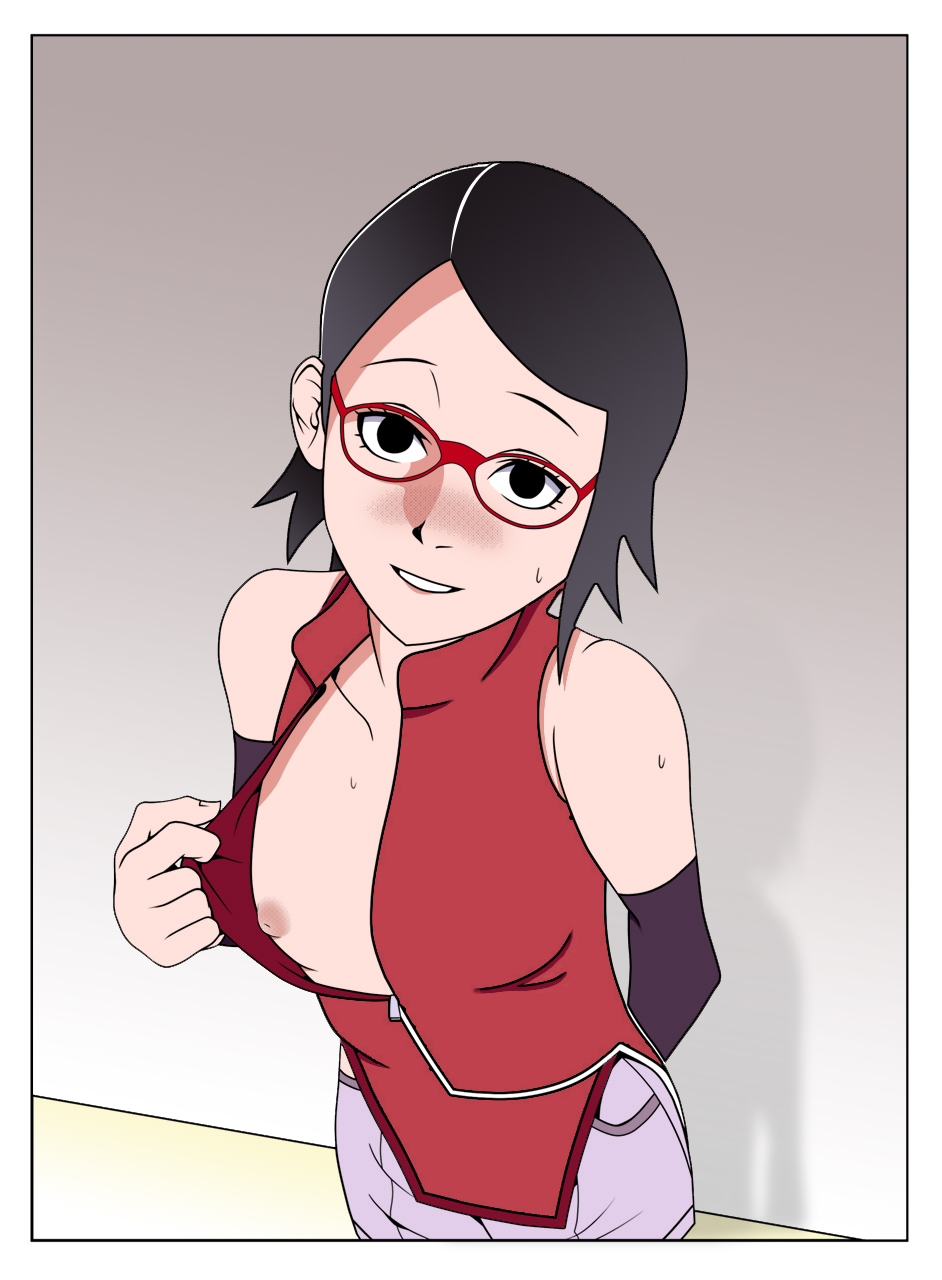 bangles, black eyes, black hair, blush, boruto: naruto next generations, breasts, female, glasses, hand on back, looking at viewer, naruto, naruto (series), naruto shippuden, no bra, open clothes, open mouth, sarada uchiha, short hair, small breasts, sweat