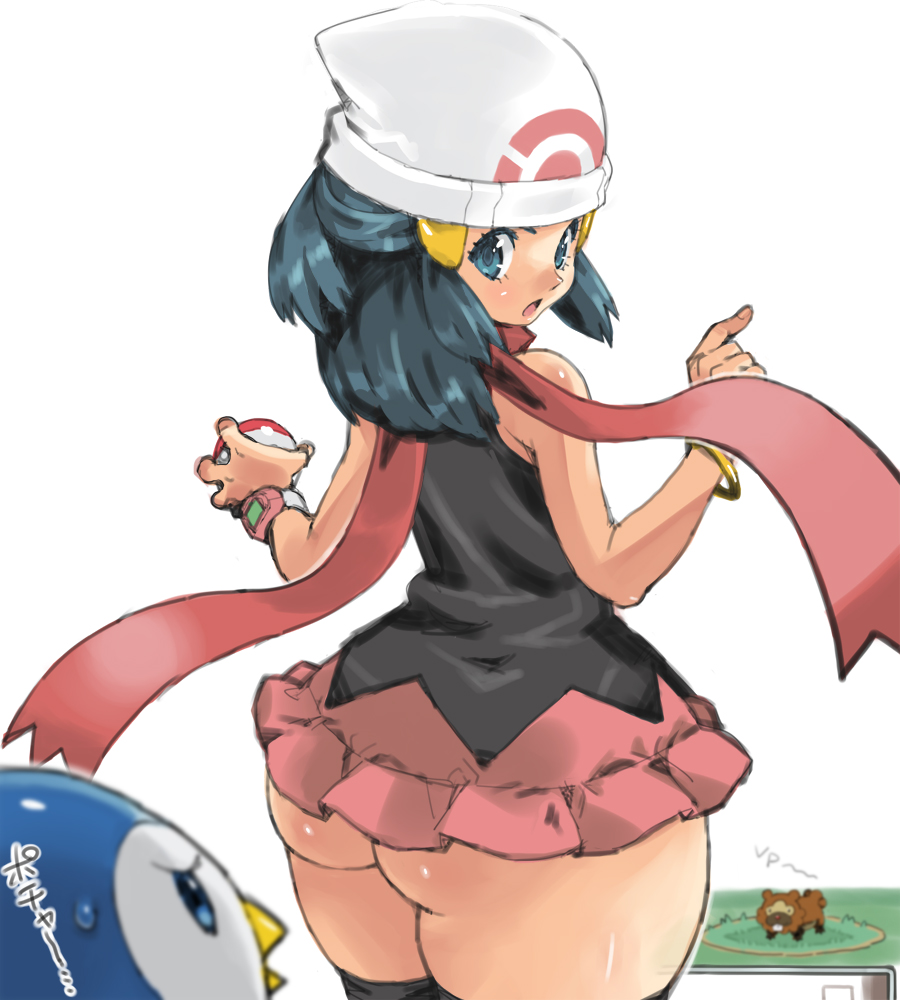 1girls ambiguous_gender ass bidoof big_ass blue_eyes blue_hair dawn_(pokemon) female gameplay_mechanics holding_object holding_poke_ball huge_ass large_ass long_hair looking_back miniskirt nintendo pale-skinned_female pale_skin petitdry piplup pokeball pokemon pokemon_(species) pokemon_battle pokemon_bw pokemon_dppt sweat text thick_ass thick_thighs thighhighs white_background