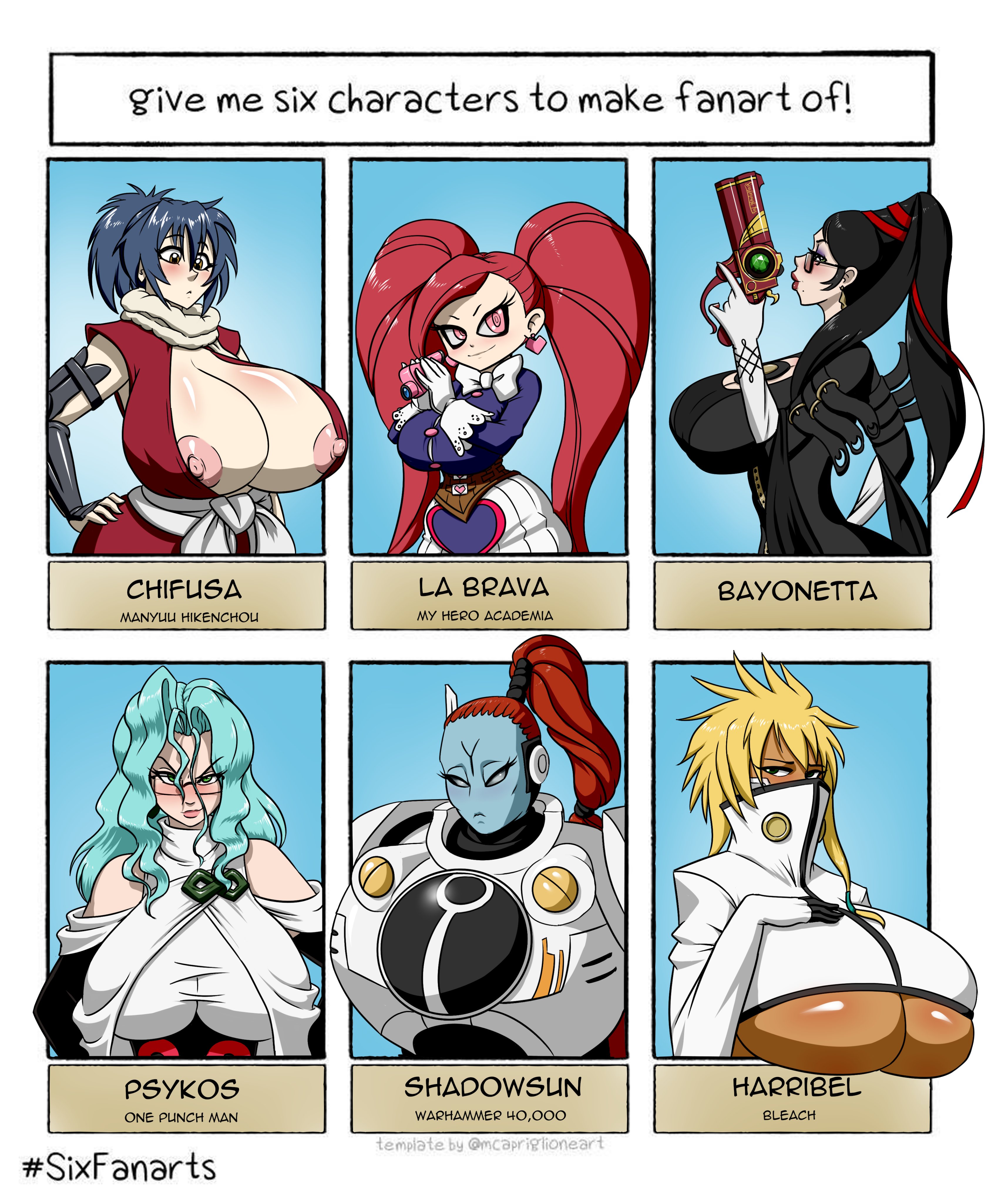 6girls, age difference, aiba manami, areolae, bayonetta, bayonetta (character), big breasts, bleach, breasts, busty, cleavage, clothed, clothing, commander shadowsun, crossover, english text, female, female only, huge breasts, la brava (my hero academia), large breasts, manyuu chifusa, manyuu hikenchou, marauder6272, multiple females, multiple girls, my hero academia, nipples, one-punch man, psykos, shounen jump, six fanarts challenge, tau, text, tia harribel, villain, warhammer (franchise), warhammer 40k
