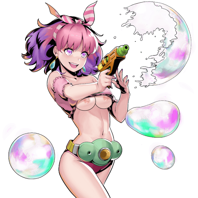 1girls bonny_(metal_slug) breasts earrings edit headband metal_slug metal_slug_attack navel nipples pink_eyes pink_hair snk water_pistol