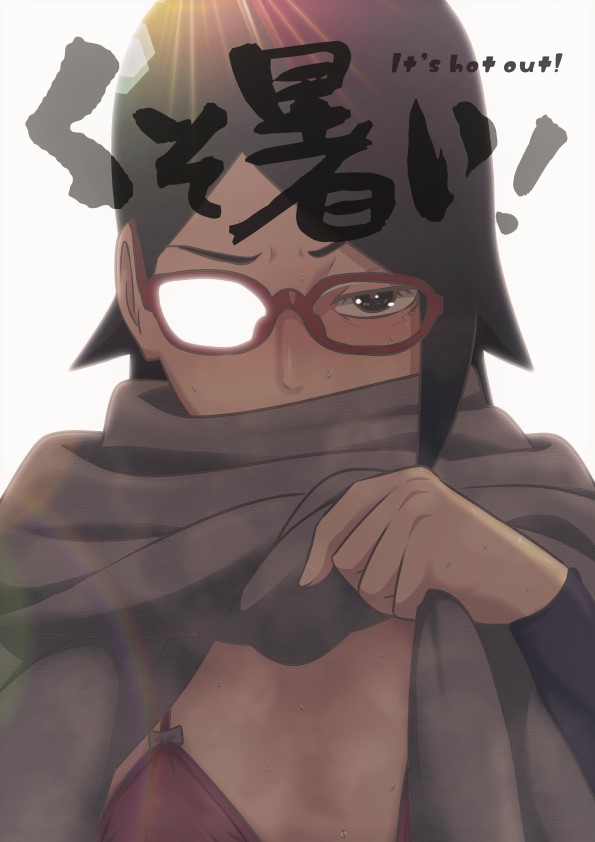 1girls, bikini, bikini bottom, black eyes, black hair, blush, boruto: naruto next generations, bra, breasts, cleavage, clothed, clothing, eeshin (eishin5584), embarrassed, female, glasses, lifting, light skin, light-skinned female, naruto, naruto (series), nervous, pale skin, pale-skinned female, red bikini, red bra, sarada uchiha, short hair, shy, small breasts, solo, solo female, solo focus, undressing