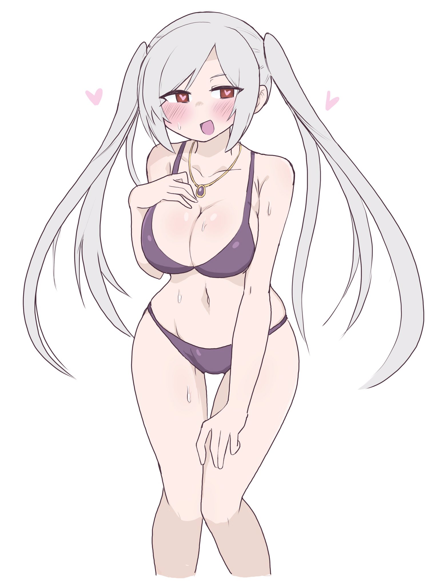 1girls, alternate costume, bare legs, big breasts, bikini, breasts, cleavage, female, fire emblem, fire emblem awakening, fire emblem heroes, heart-shaped pupils, large breasts, long hair, nintendo, purple bikini, purple swimsuit, red eyes, robin (fire emblem), robin (fire emblem) (female), solo, solo female, sweat, swimsuit, twintails, wet, wet body, white hair, white-stew