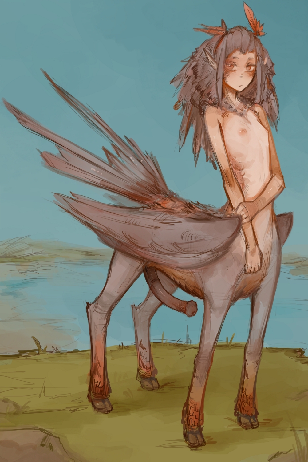 1futa, animal genitalia, animal genitalia on humanoid, areolae, big penis, breasts, centaur, dickgirl, erection, feathers, female, flat chest, futa only, futanari, horsecock, horsecock on humanoid, intersex, looking at viewer, monster girl, nipples, penis, small breasts, solo, syvaron, taur
