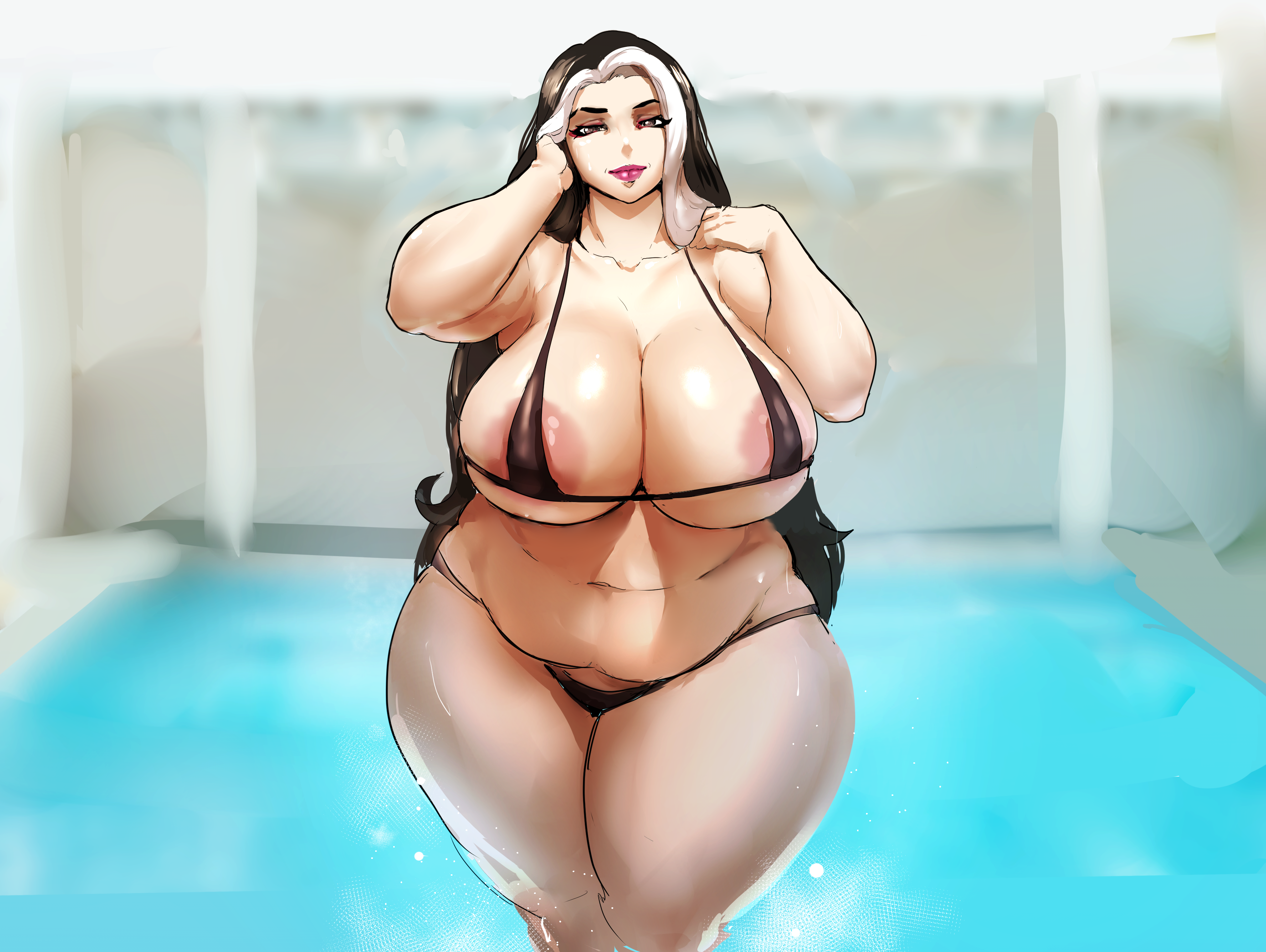1girls, abigail (donaught), areola slip, areolae, bbw, belly, bent elbows, bikini, black hair, blurry, breasts, chubby, chubby female, closed mouth, cowboy shot, curvy, donaught, female, female only, goth, half-closed eyes, hands up, high resolution, huge breasts, long hair, looking at viewer, mature female, milf, navel, original, plump, pool, solo, streaked hair, swimsuit, thick thighs, thighs, venus body, very high resolution, voluptuous, wide hips