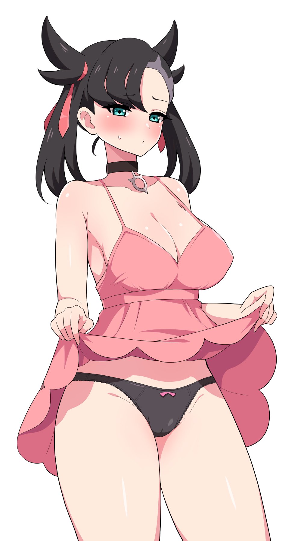 1girls, aikome (haikome), alternate breast size, black hair, black panties, blue eyes, blush, bow panties, breasts, cameltoe, choker, female, haikome, human, large breasts, light skin, light-skinned female, marnie (pokemon), nintendo, pale skin, pale-skinned female, panties, pink dress, pokemon, pokemon ss, pussy, solo, sweat, twintails, white background