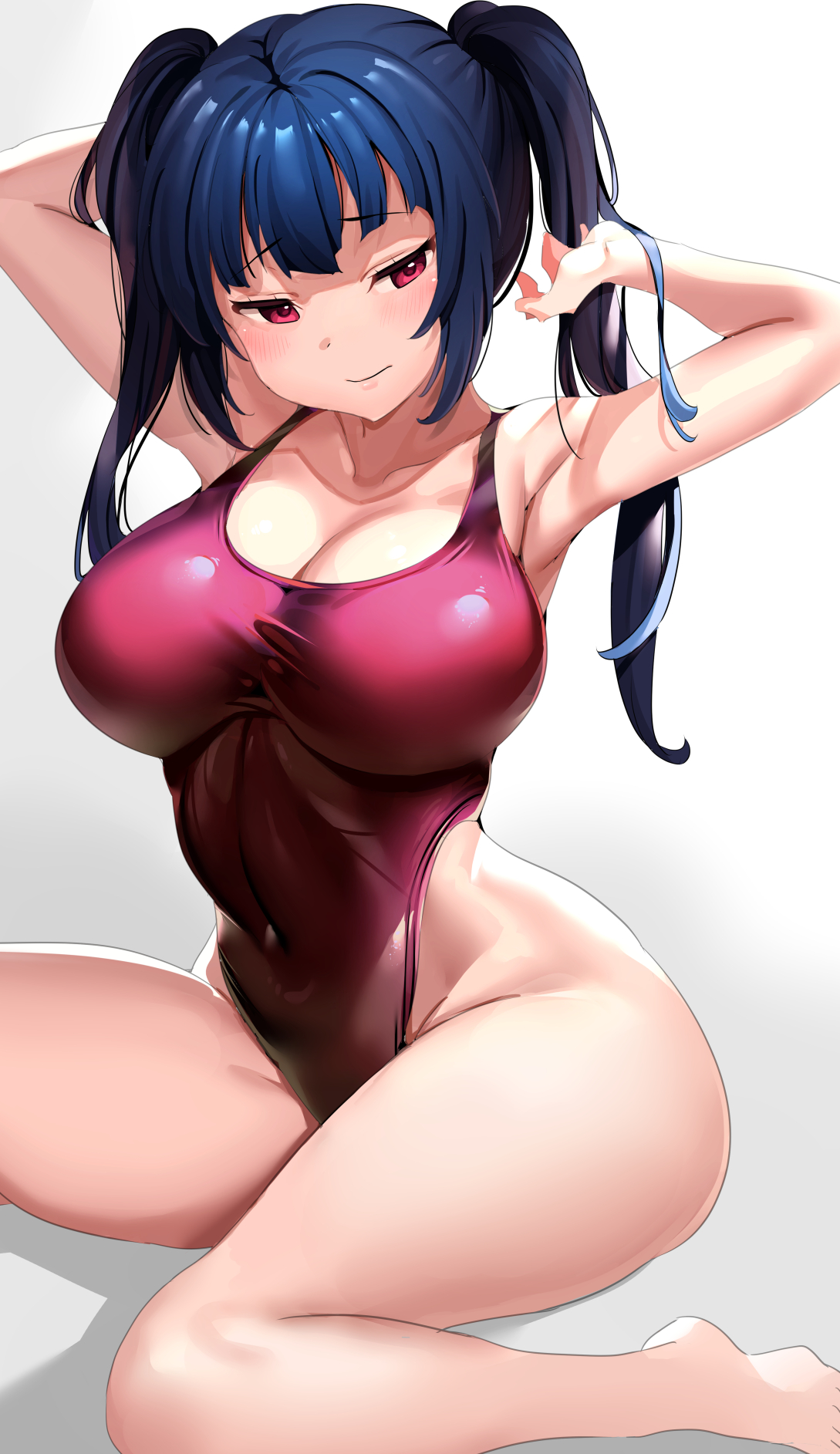 arms behind back, arms behind head, arms up, ass, big ass, big breasts, blue hair, breasts, female, looking at viewer, love live!, love live! sunshine!!, one-piece swimsuit, seductive, smirk, solo, tem10, thick thighs, tied hair, tsushima yoshiko