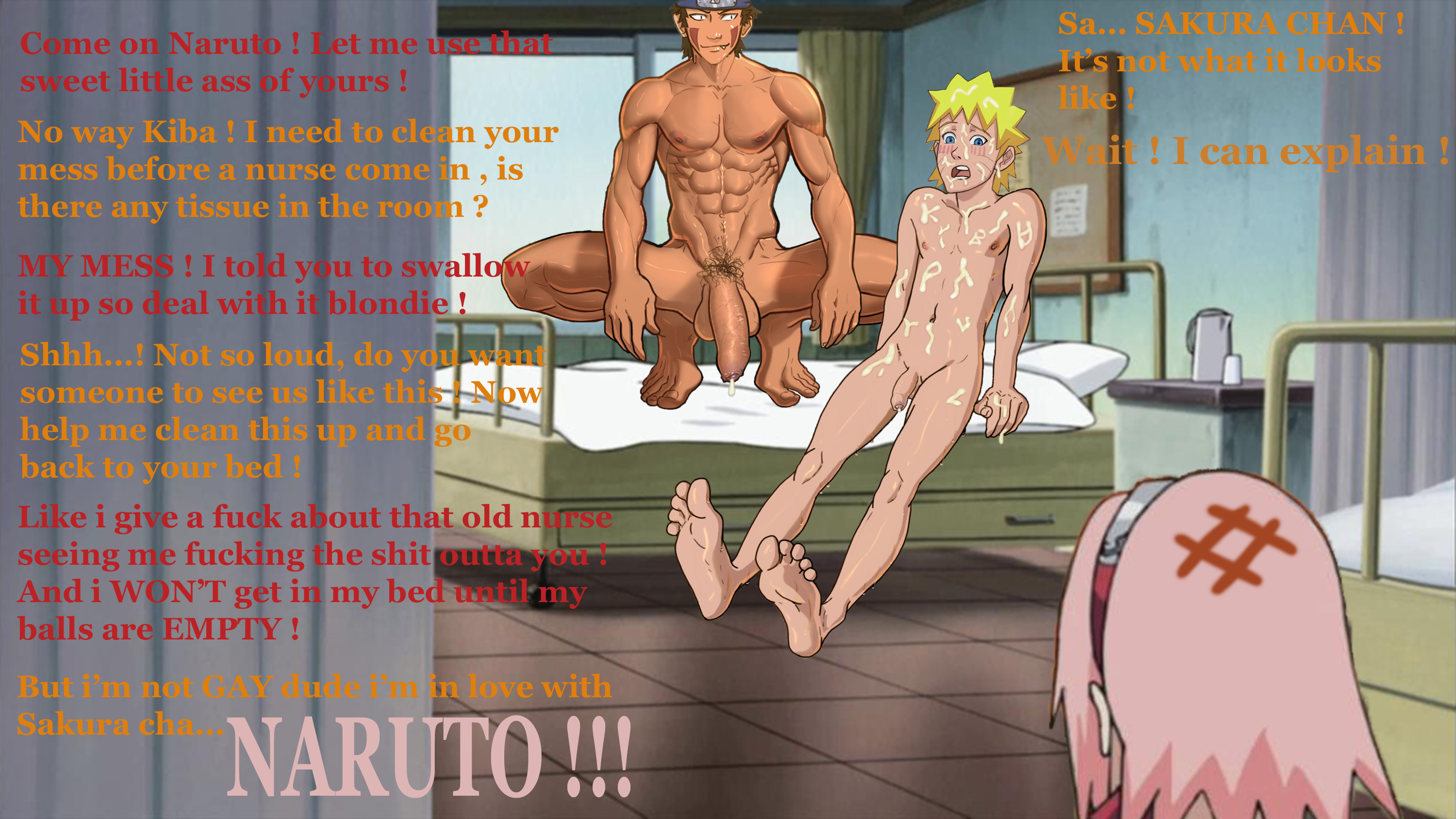 1girls, 2boys, abs, after sex, angry, anma, balls, barefoot, big penis, black eyes, blonde hair, blue eyes, blush, brown hair, bukkake, caught, caught in the act, cum, cum drip, cum on body, cum on face, cum on hand, cum on upper body, cumdrip, dialogue, dripping cum, ejaculation, english text, facepaint, facial, feet, female, forehead protector, foreskin, gay, headband, headwear, hospital, hospital bed, inuzuka kiba, large penis, little penis, male, male focus, micropenis, muscles, muscular, muscular male, naked, naruto, naruto (series), naruto shippuden, naruto uzumaki, nipples, nude, nude male, open mouth, pecs, penis, penis size difference, pink hair, pubes, pubic hair, sakura haruno, sex, sitting, small penis, small penis humiliation, soles, squatting, tan skin, testicles, text, tiny penis, toes, twink, uncircumcised, unretracted foreskin, uzumaki naruto, whisker markings, whiskers, yaoi, yellow hair