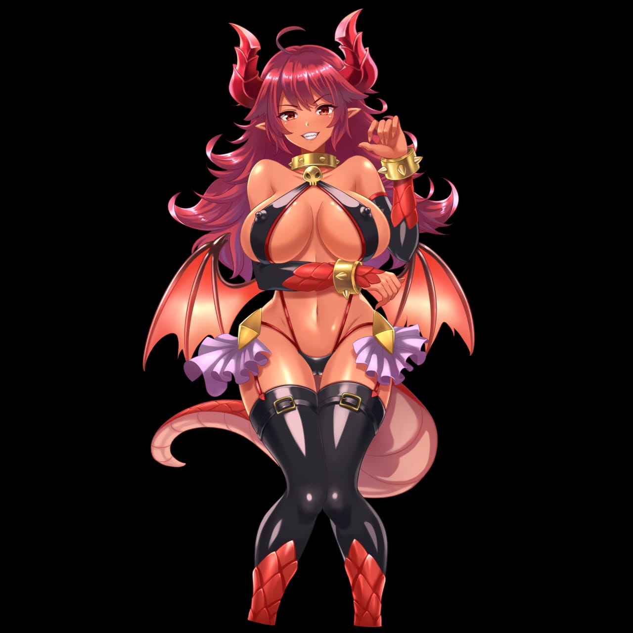 breasts brown_skin cleavage collar dragon_girl dragon_girl_(project_qt) dragongirl game game_cg horns large_ass looking_at_viewer monster_girl nutaku official_art project_qt tagme thick_thighs wide_hips wink winking