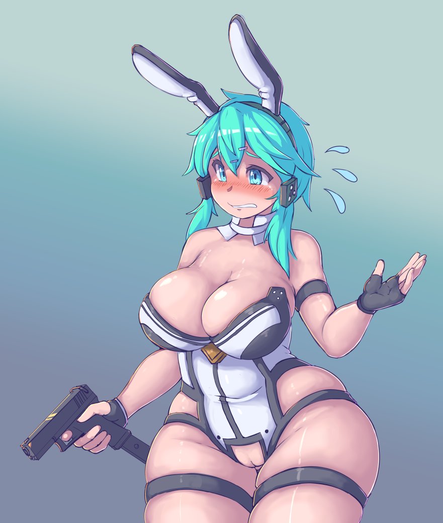 1girls, alternate breast size, asada shino, big breasts, blush, breasts, bunny ears, bunnysuit, cleavage, curvy, female, female only, gun, gun gale online, kittenboogers, large breasts, plump, pussy, sinon, solo, sword art online, thick thighs, thunder thighs, wide hips
