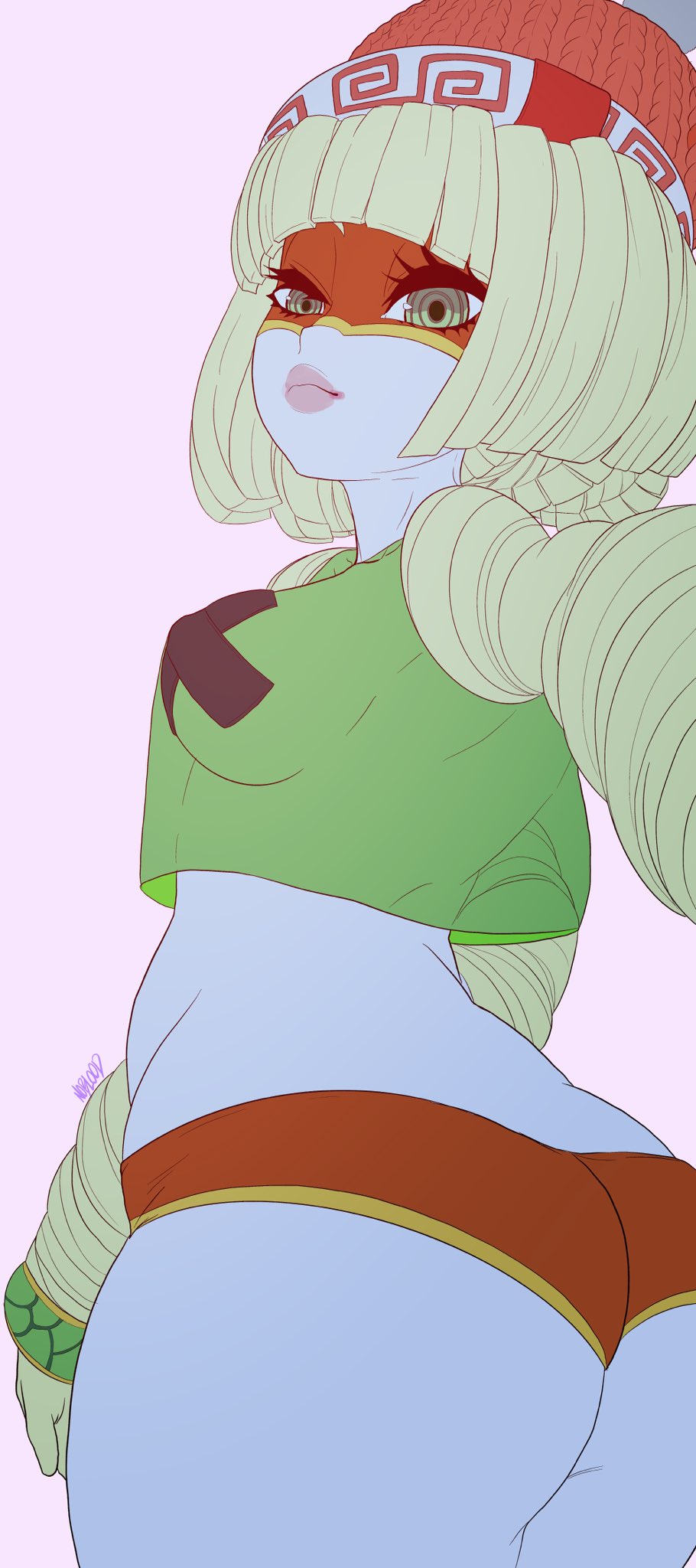 1girls, 2020, arms (game), ass, ass focus, big ass, big butt, bimbo, blonde hair, breasts, bubble ass, bubble butt, butt focus, clothed, clothing, female, female focus, female only, huge ass, looking at viewer, mask, min min (arms), nintendo, noblood, pink background, small breasts, solo, solo female, teenager, thick ass, thick thighs, thighs