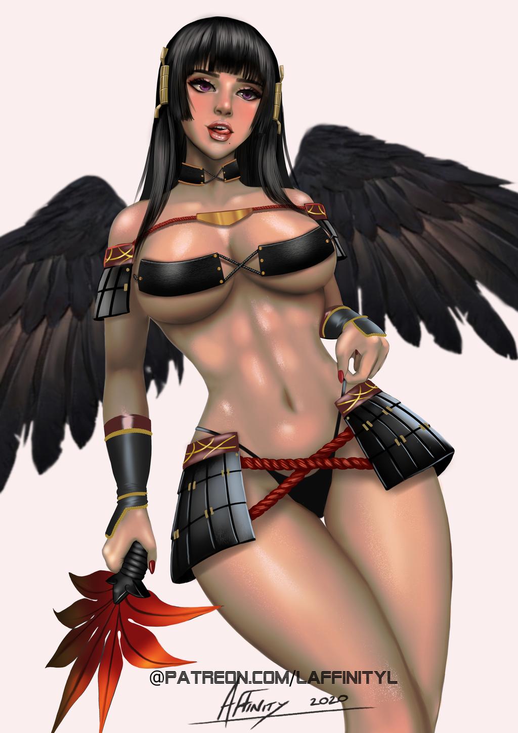 1girls 2020 angel_wings armwear bad_censor belly black_hair black_wings covered_nipples covering covering_crotch dead_or_alive female female_only laffinityl large_breasts licking_lips long_hair navel nyotengu purple_eyes revealing_clothes solo thong unconvincing_armor