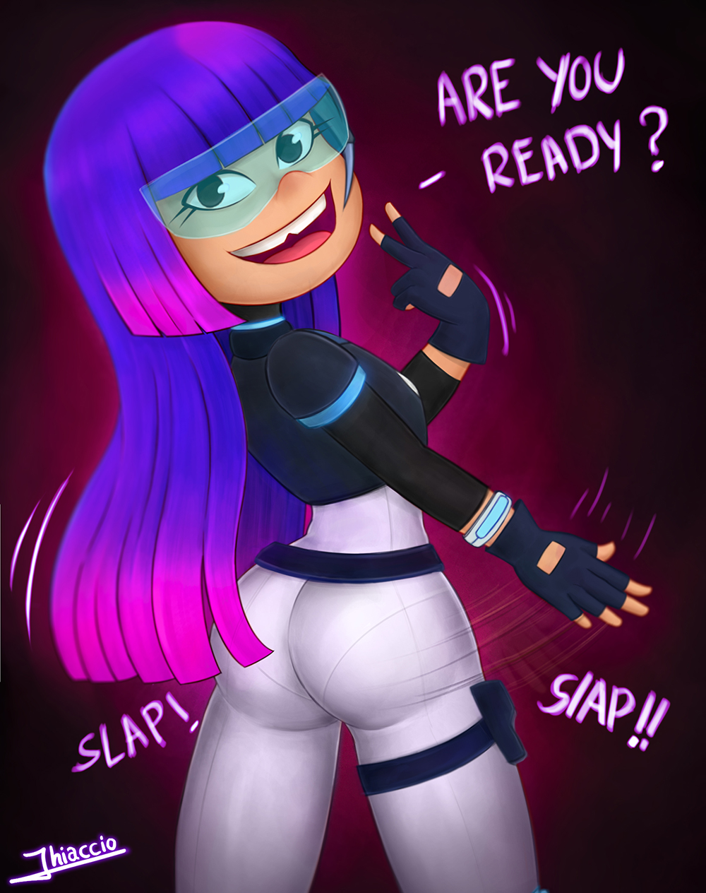 1girls, aged up, ass, ass slap, bangs, blue-tinted eyewear, bodysuit, female, female focus, female only, glitch techs, gloves, jhiaccio, long hair, looking at viewer, looking back, miko kubota, purple hair, slap, slapping, smile, smooth skin, solo, tagme, thighs, tinted eyewear, two-tone hair, visor