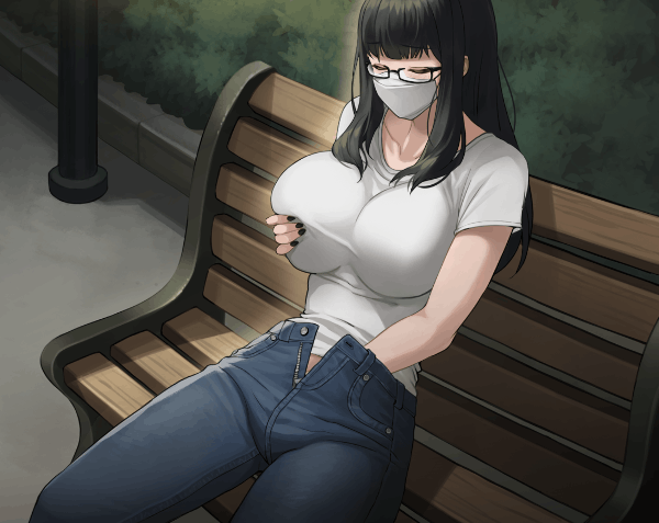 1girls, animated, big breasts, black fingernails, black hair, breast grab, breasts, clothed, clothed masturbation, clothing, female, female masturbation, female only, glasses, hand in own pants, hand in pants, jeans, kkamja, large breasts, mask, masturbation, nail polish, open fly, original, outdoors, pants, public, public masturbation, red eyes, reina (kkamja), solo, solo female, solo focus, unzipped, unzipped jeans, unzipped pants, white shirt