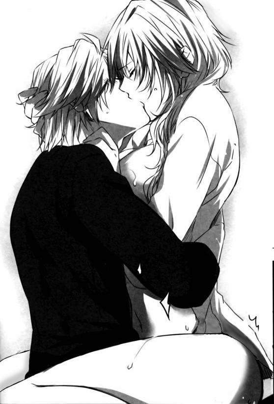 1boy 1girls age_difference aged_up artist_request black_and_white black_clothing canon_couple clothed_sex eclair_farron exposed_breasts eyes_closed female final_fantasy final_fantasy_xiii hand_on_head hand_on_neck hope_estheim hug kiss kissing monochrome romantic romantic_couple romantic_sex sitting_on_lap tagme