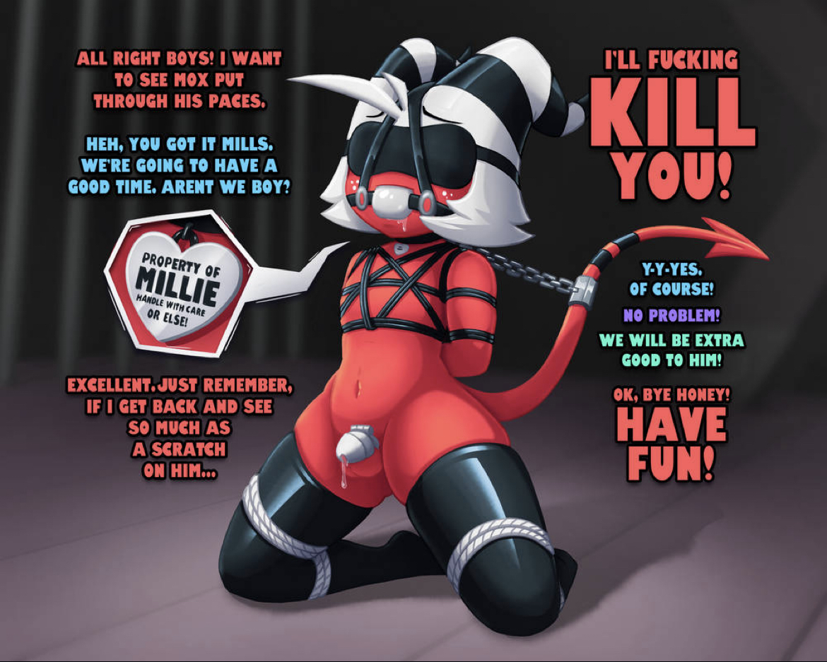 ball gag, blindfold, bondage, chastity cage, collar, demon, dialogue, gag, helluva boss, imp, male, malesub, moxxie (helluva boss), penis, precum, precum drip, red skin, resonatingdiscord, small penis, tail, text