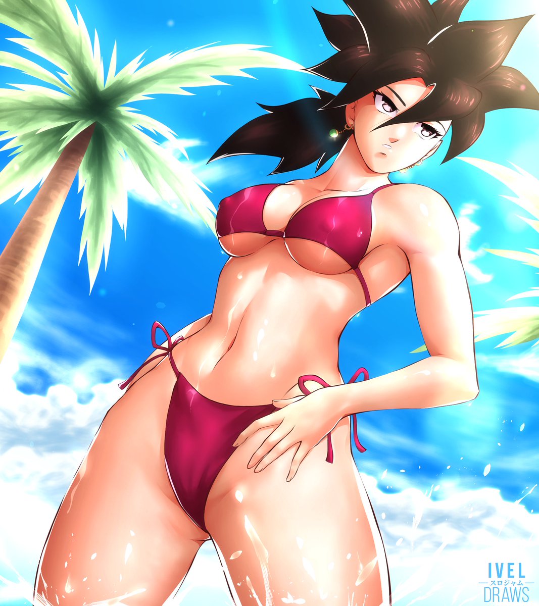 1girls, bikini, bikini bottom, bikini top, black eyes, black hair, breasts, dragon ball, dragon ball super, earrings, female, female only, fusion, iveldraws, kefla, light skin, light-skinned female, nipple bulge, ponytail, potara earrings, saiyan, short hair, solo, spiky hair