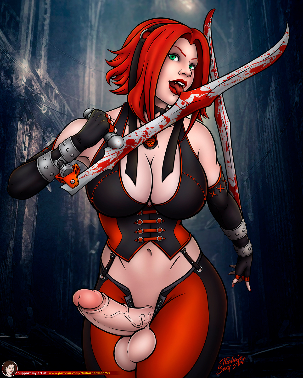 1futa, alternate version available, athletic, athletic futa, balls, blades, blood, bloodrayne, breasts, choker, clothed, corset, dhampir, dickgirl, dual wielding, elbow gloves, erection, fangs, fit, fit futa, fully clothed, futa only, futa sans pussy, futa vampire, futanari, green eyes, half vampire, intersex, latex, latex gloves, latex suit, looking at viewer, nail polish, penis, rayne, red hair, short hair, solo, solo futa, thalia (artist), tongue, tongue out, vampire, veiny penis, weapon