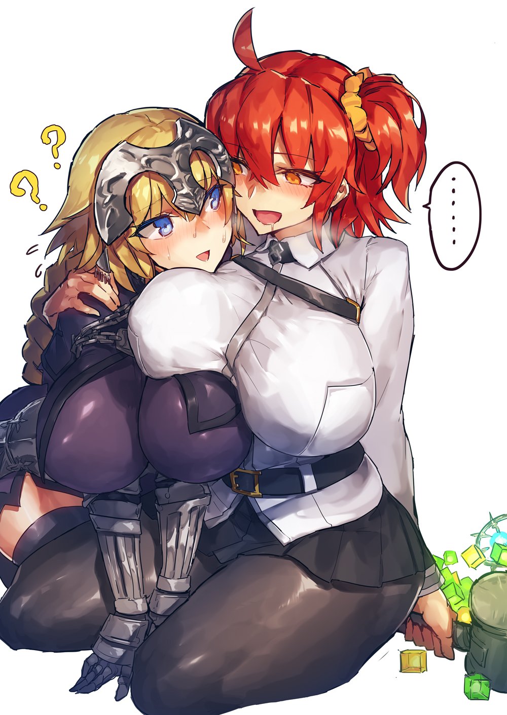 2girls alternate_breast_size big_breasts black_legwear black_pantyhose blonde_hair blue_eyes blush breast_on_breasts chaldea_uniform drooling fate/grand_order fate_(series) fujimaru_ritsuka_(female) gudako huge_breasts jeanne_d'arc_(fate) kneeling leggings melon22 multiple_girls orange_hair pantyhose side_ponytail thick_thighs yuri